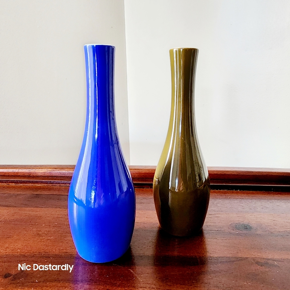 Pair of Vintage ATC Green and Blue Bud Vases | Japan